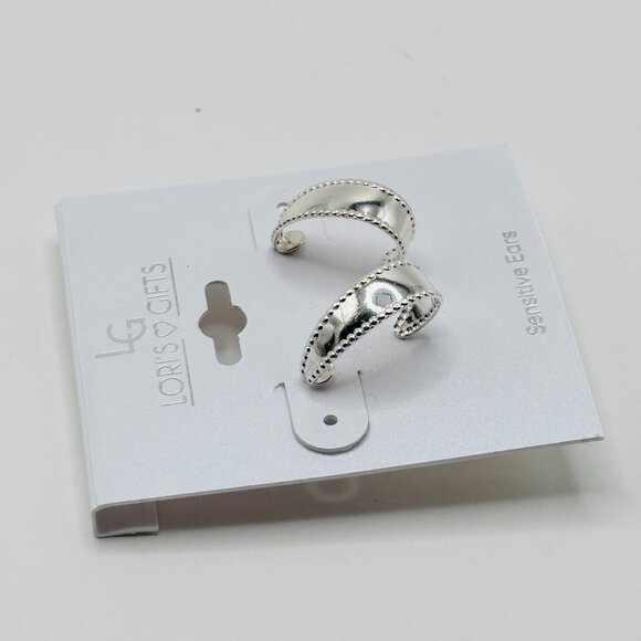 Lori’s Gifts Sensitive Ears Silver Tone Half Hoop Earrings Beaded Edge Hypoaller - Picture 2 of 4